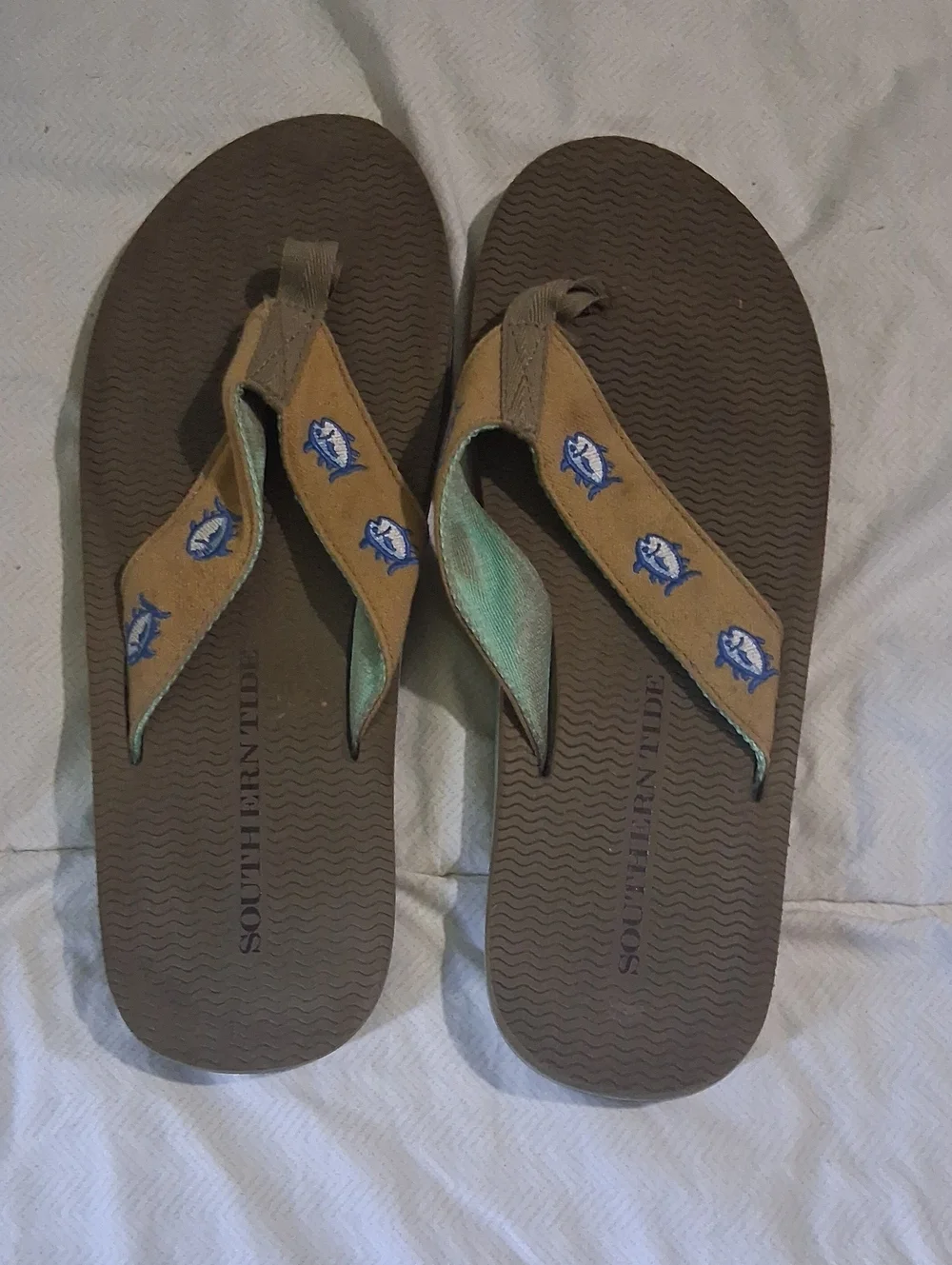 Southern Tide Brown Flip Flops with Tan Embroidered Straps